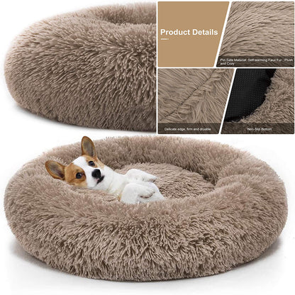 Fluffy brown pet bed with a dog inside, surrounded by product details on a white background.