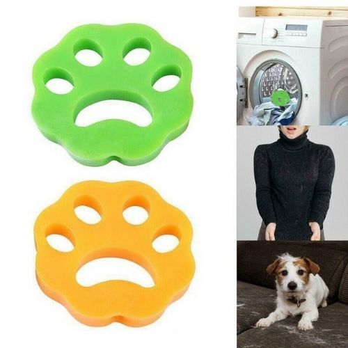 Two green and orange paw-shaped objects with a person and dog in the background.