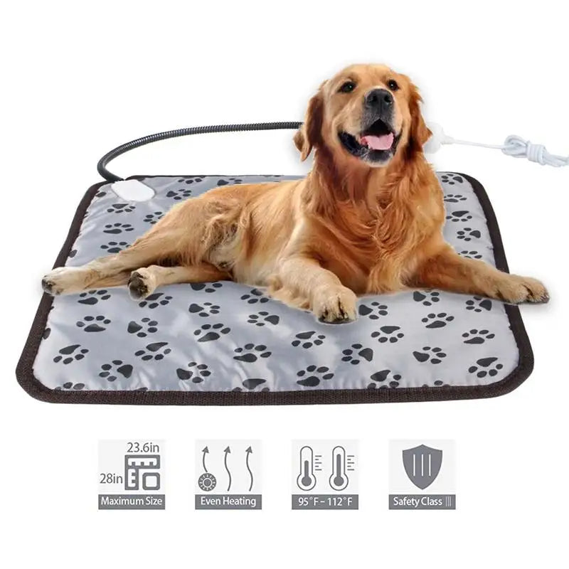 Dog lying on a heating pad with paw prints, surrounded by product features.