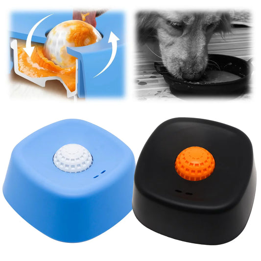 Two pet toys, one blue and one black with an orange ball, on a white background.