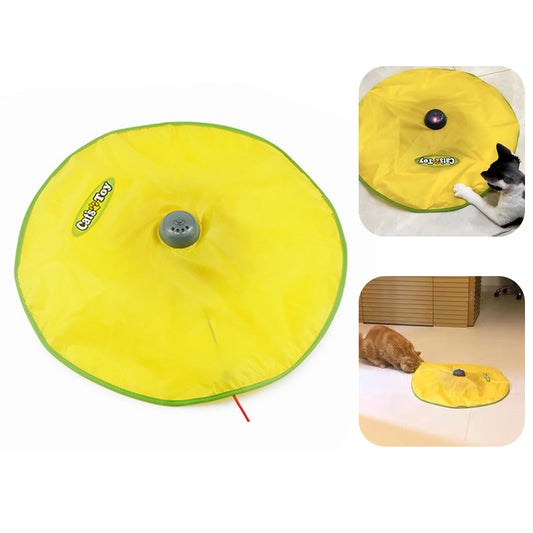 Yellow pet toy with green rim and black center, showing use on a white background.