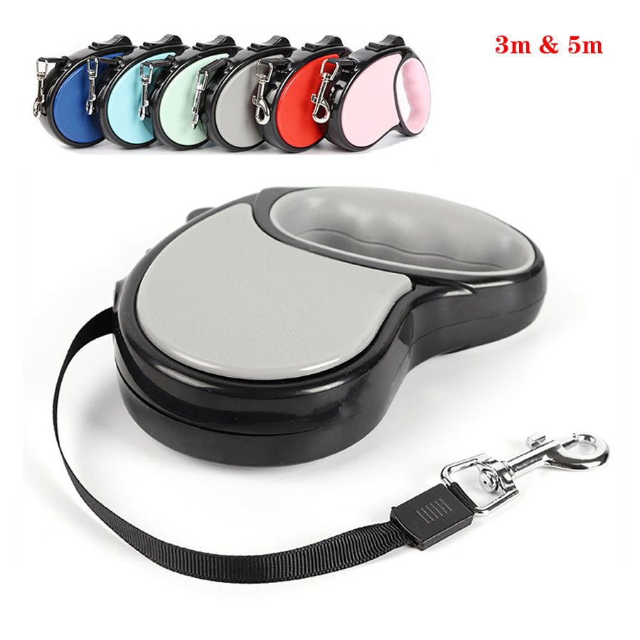 Retractable dog leash with colorful reel options on a white background