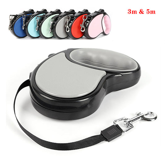 Retractable dog leash with colorful reel options on a white background