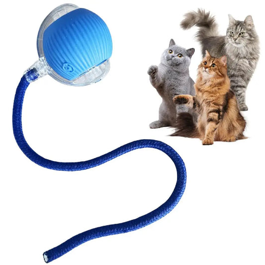Blue cat toy with a long flexible arm and three cats on a white background