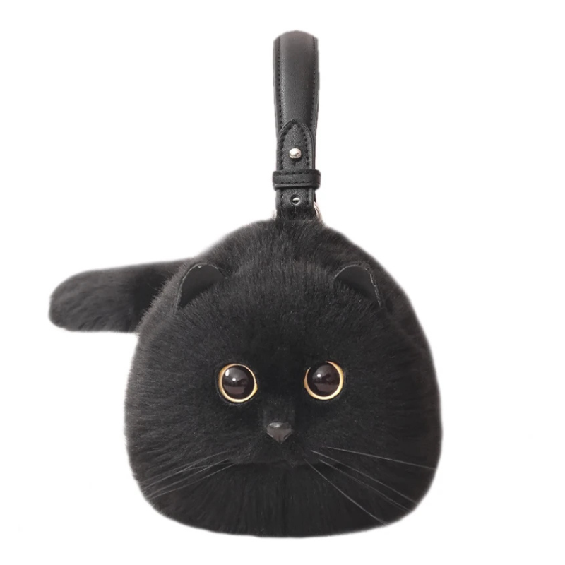 Black cat-shaped keychain with a strap on a white background