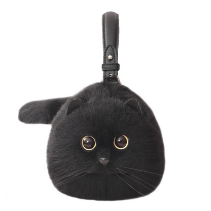 Black cat-shaped keychain with a strap on a white background