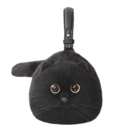 Black cat-shaped keychain with a strap on a white background