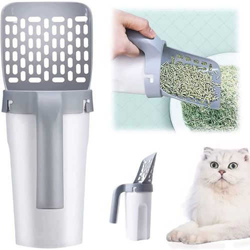 Pet grooming tool with cat and green cat litter on a light blue background