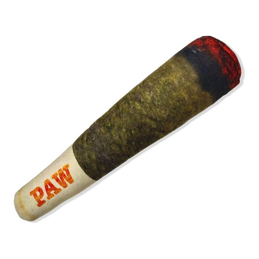 Dog toy resembling a cigar with 'PAW' branding on a white background