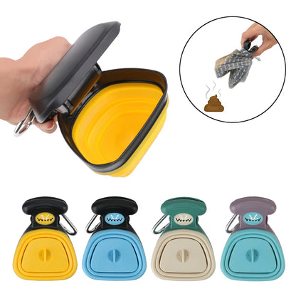 Yellow pet waste bag dispenser held by a hand with inset of using it, surrounded by four other dispensers in different colors.
