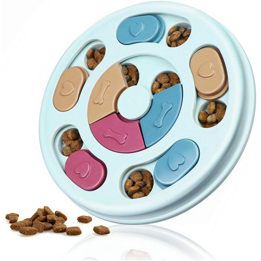 Pet puzzle toy with compartments filled with treats on a white background