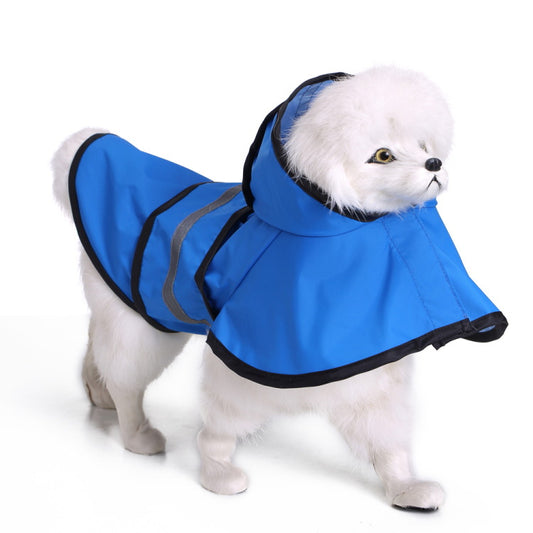 White dog wearing a blue raincoat on a white background