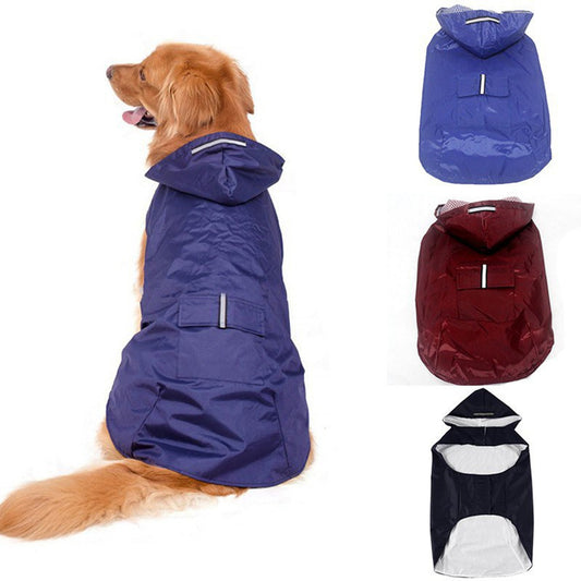 Dog wearing a blue raincoat with additional raincoats in red and black displayed above.