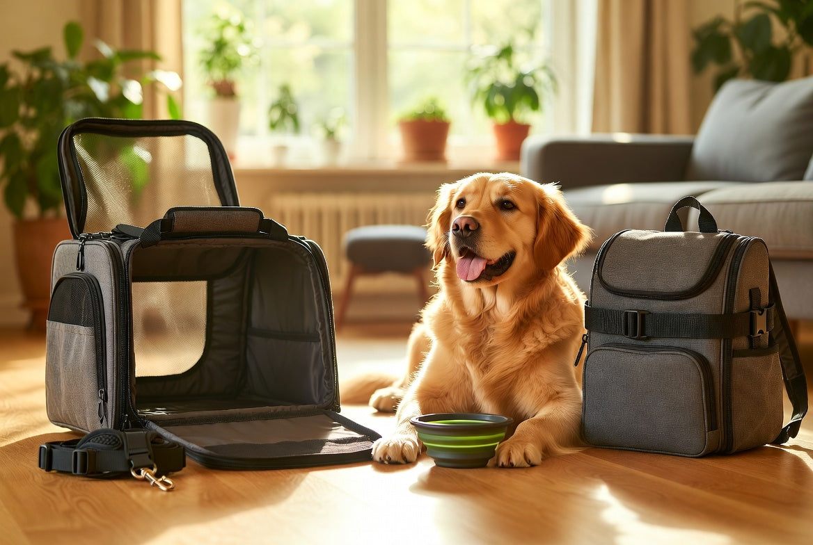 Dog sitting on a wooden floor with two pet travel crates and a bowl in a home setting.