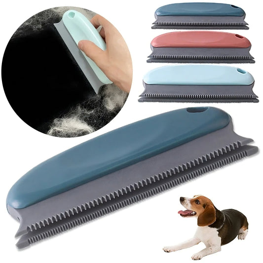 Pet grooming brush with a dog, close-up of grooming action, and multiple brushes shown.