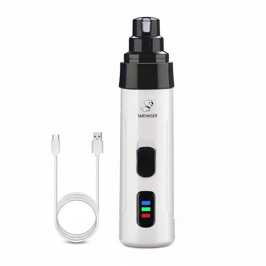White electronic device with black top, USB cable, and woman petting a dog on a white background