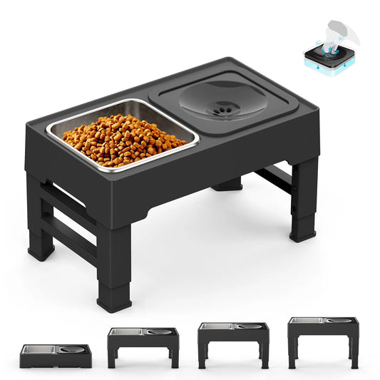 Pet feeding station with elevated bowls on a white background
