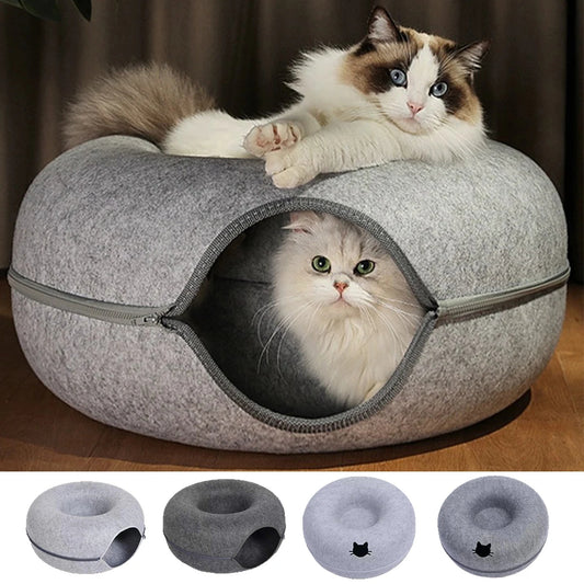 Two cats in a gray pet bed with additional views of the bed in different colors.