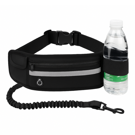Black waist bag with reflective strip and water bottle holder on a white background