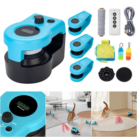 Collage of a blue and black electronic device with attachments and usage scenarios.