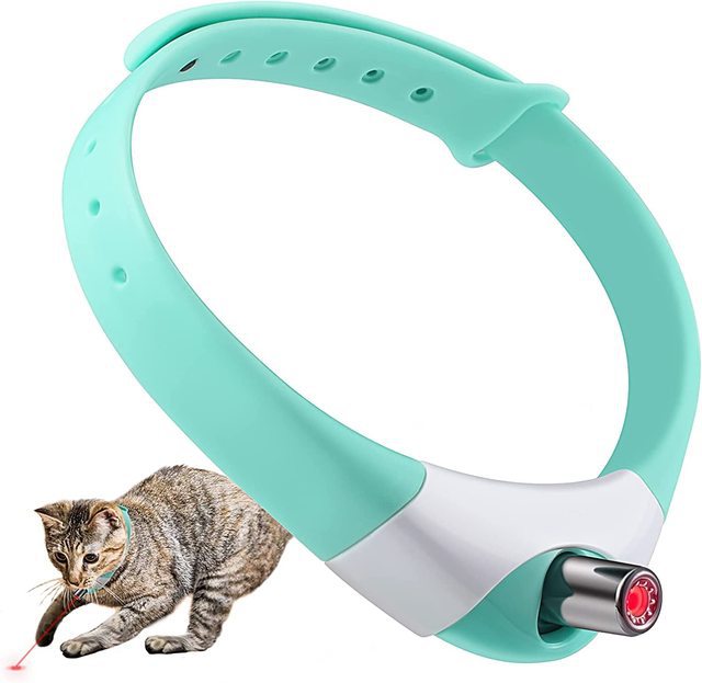 Turquoise and white cat toy with a laser pointer on a white background