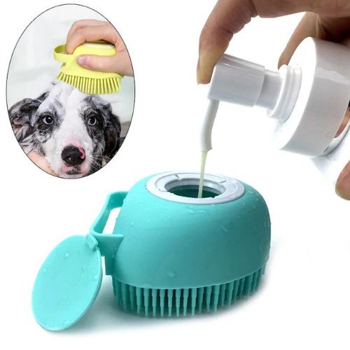 Pet grooming tool with a close-up of a dog's face and a hand pouring liquid into it.