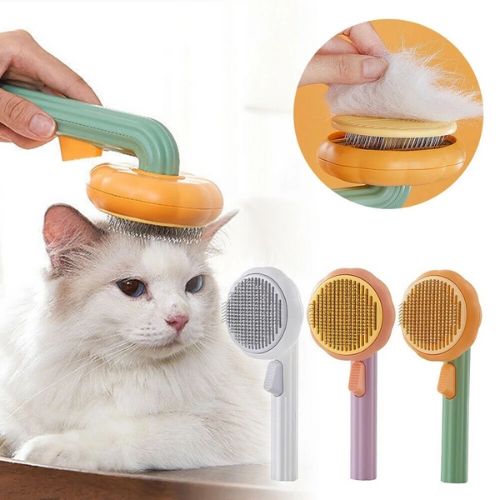 Cat grooming brush with close-up of use and additional brushes displayed.