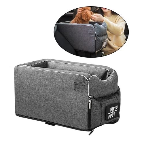 Gray pet carrier with a close-up inset showing a person using it.
