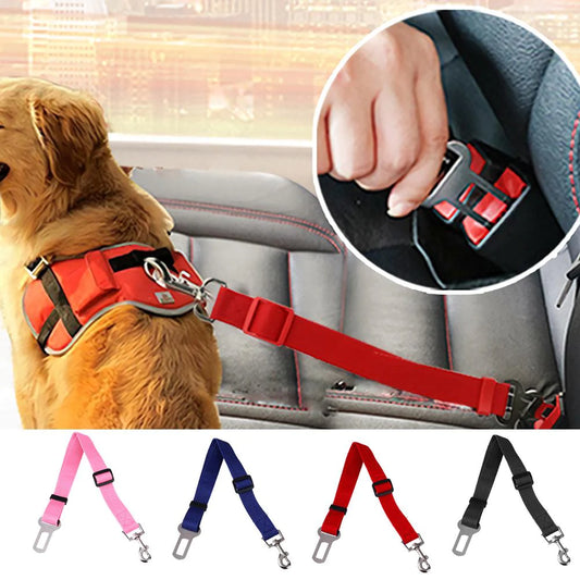 Dog harness with seat belt clip and color options displayed below.