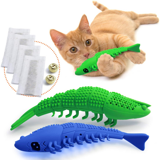 Cat playing with a green and blue fish-shaped toy on a white background