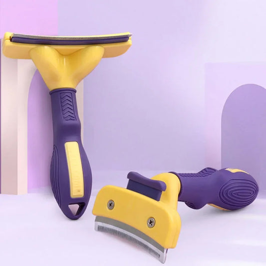 Two yellow and purple pet grooming tools on a light purple background