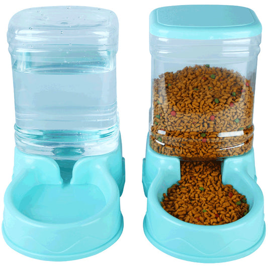Two blue pet feeders with food on a white background
