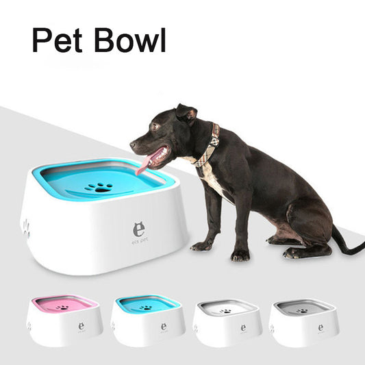 Dog drinking from a pet bowl with additional bowls in different colors on a white background.