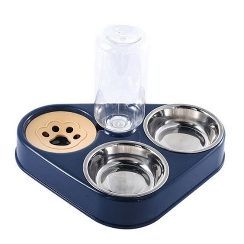 Pet feeding and water station with two stainless steel bowls on a blue tray.