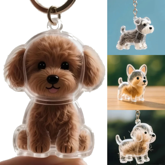 Collage of dog-shaped keychains in clear plastic cases.