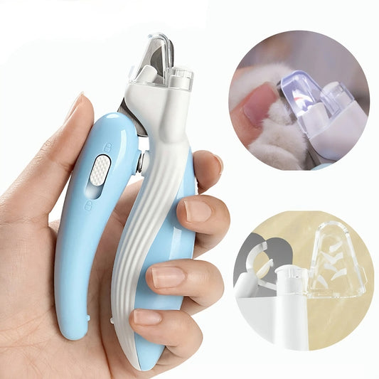 Pet nail trimmer held in a hand with close-up insets showing its use on a pet's nails.