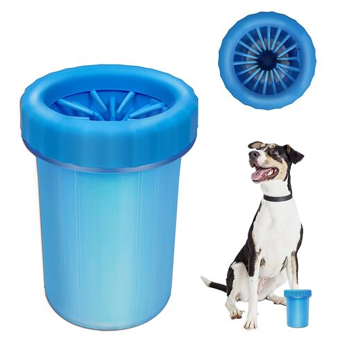Blue pet toy with a dog sitting next to it on a white background
