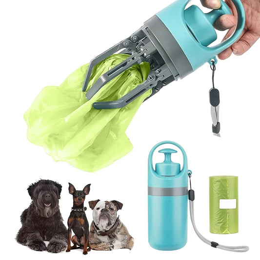 Pet waste bag dispenser with a green bag, three dogs, and a blue bottle on a white background.