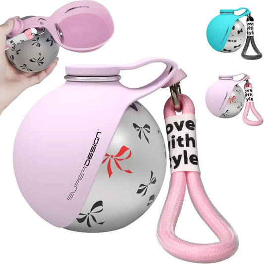 Pink and white pet toy with a handle and decorative elements on a white background