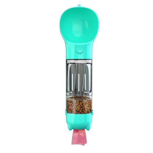 Turquoise pet feeder with clear compartment and pink bag on a white background