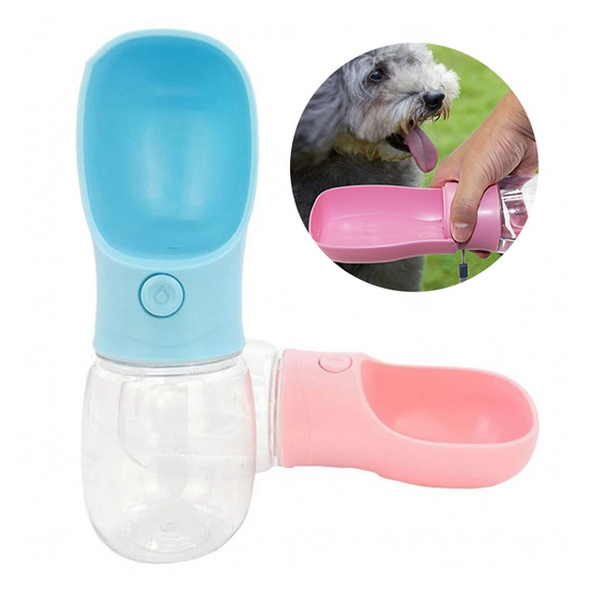 Pet water bottle with blue and pink design, inset showing a dog drinking from it.