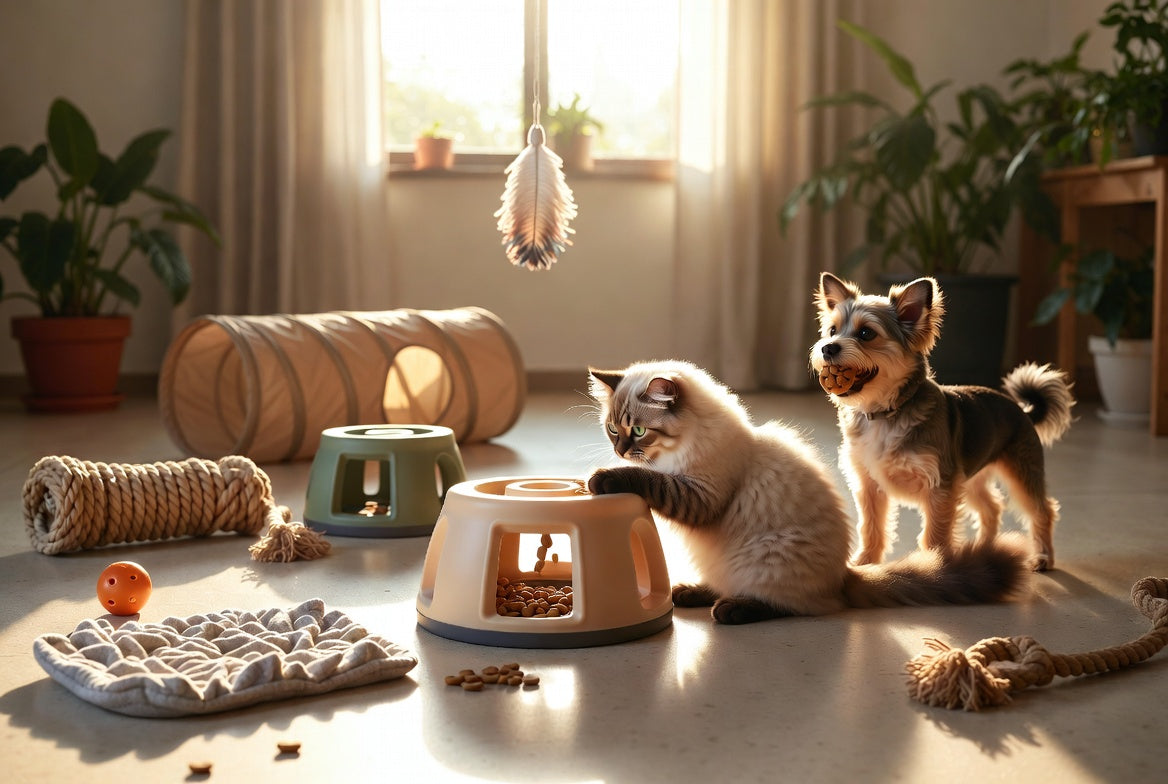 Cat and dog interacting with pet toys and food bowl in a home setting