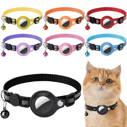 Set of colorful cat collars with a black collar and a cat wearing a black collar on a white background.