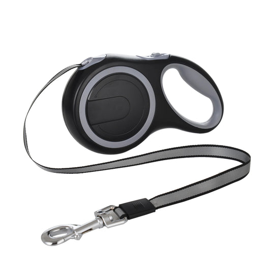 Retractable dog leash with black handle on a white background