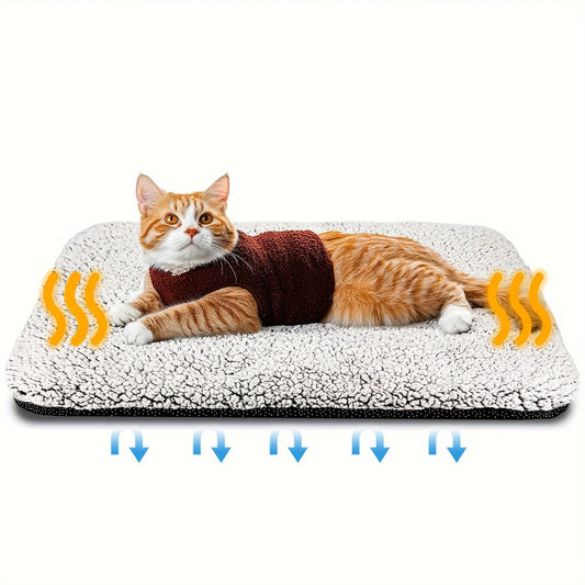 Cat lying on a heated pet pad with heating indicators shown.