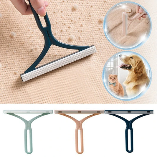Cleaning tool with close-ups of pet hair and pets, shown on a beige surface.