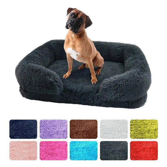Dog sitting on a fluffy dark gray pet bed with color swatches below.
