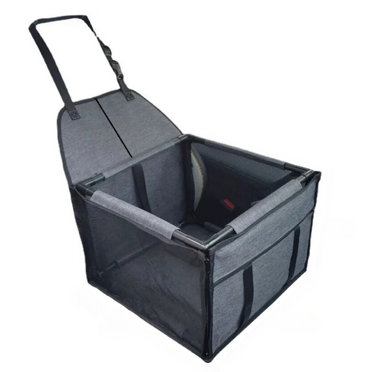 Gray folding storage bin with wheels on a white background