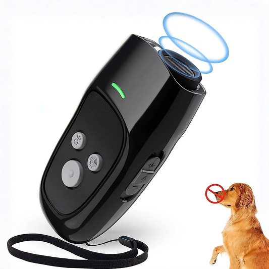 Black electronic device with buttons and a dog on a white background