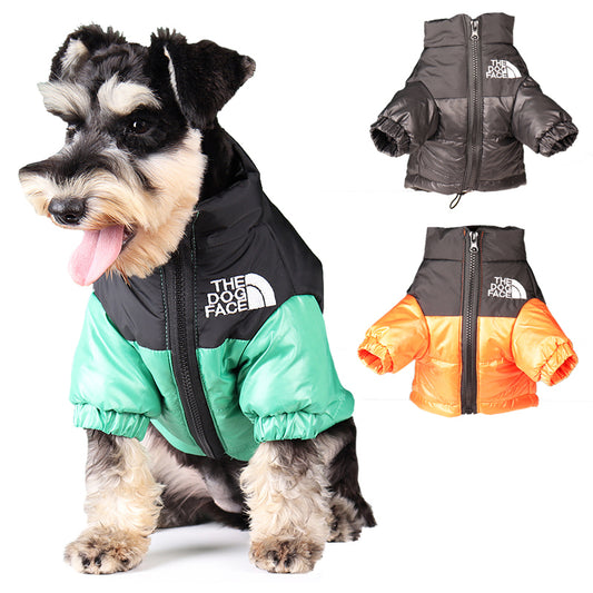 Dog wearing a green and black jacket with 'The Dog Face' logo, surrounded by additional jackets.